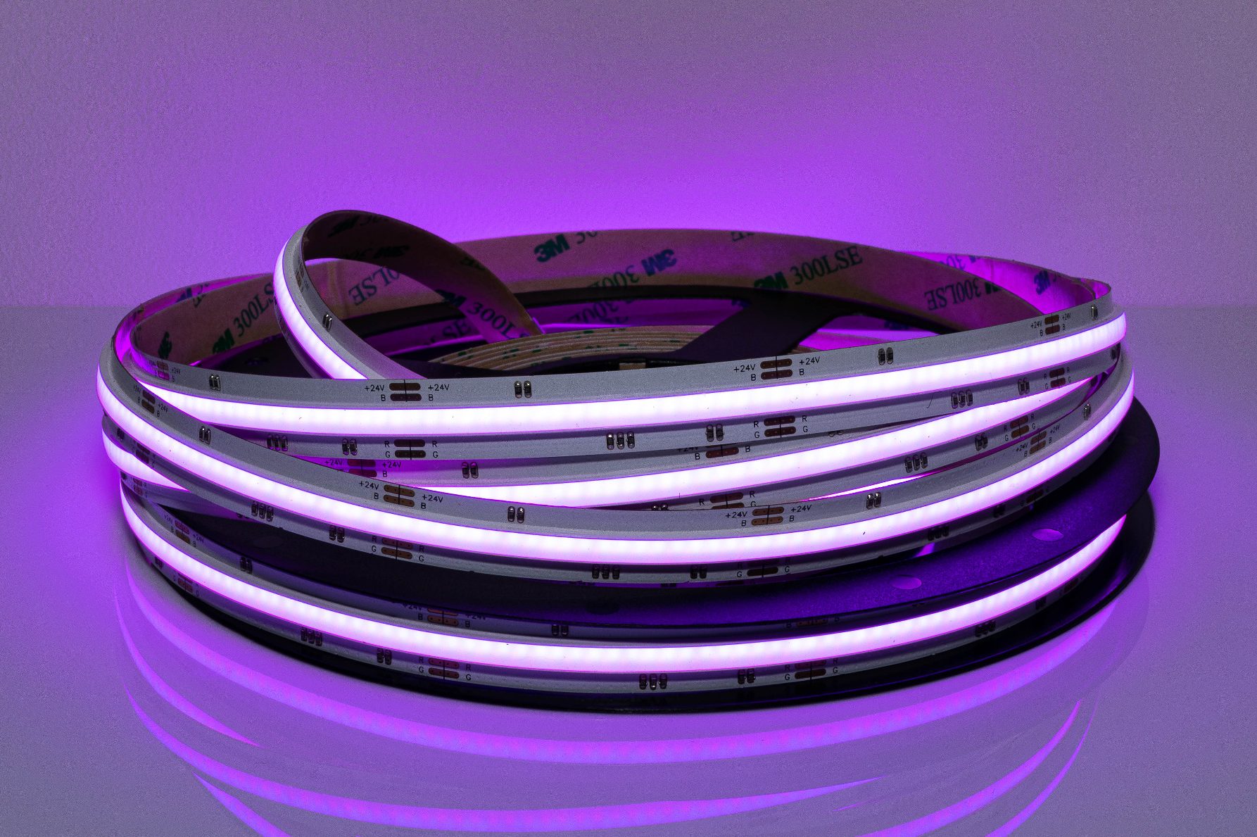 RGBW Flexible COB LED strip lighting reel set to purple